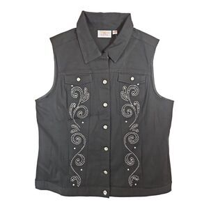 Quacker Factory Black Rhinestone Western Denim Style Vest Lg